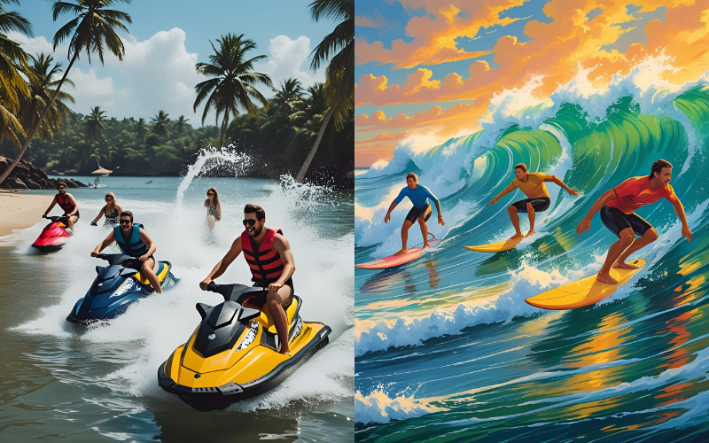 jet skier speeding across turquoise waters on a sunny day at Goa beach