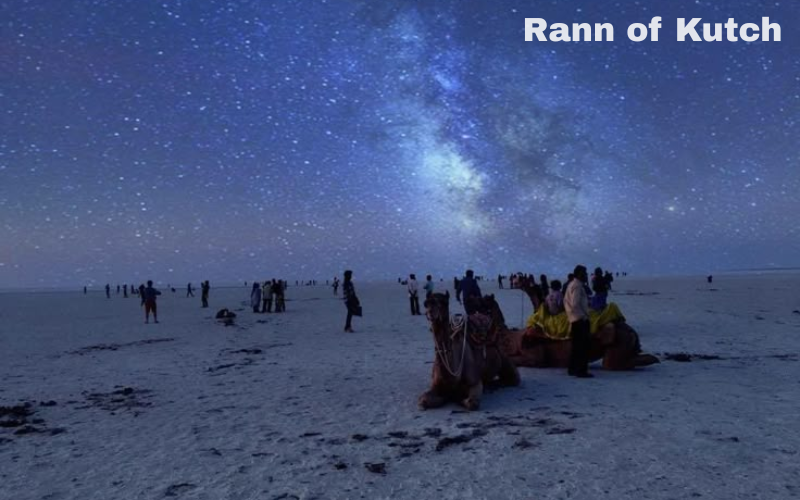 Vast white salt desert landscape of the Rann of Kutch during night in Gujarat