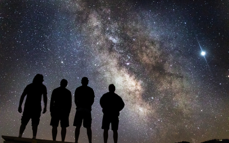 Group of travelers stargazing under the clear night sky in Hanle, Ladakh – India’s first Dark Sky Reserve