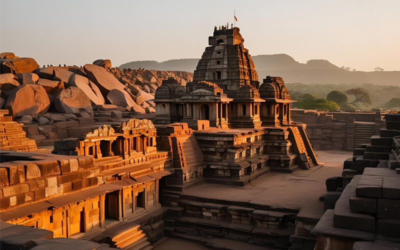 Ancient stone temples and rocky landscape of Hampi under a clear blue sky – a heritage site in Karnataka.