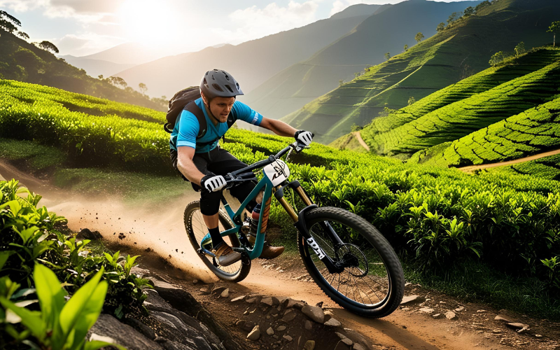 Solo mountain biking through tea gardens of Munnar, Kerala