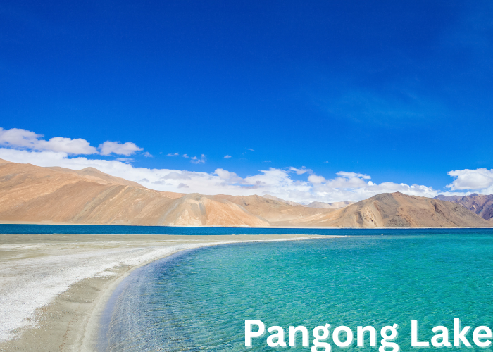 Crystal-clear blue waters of Pangong Lake with mountain backdrop in Ladakh