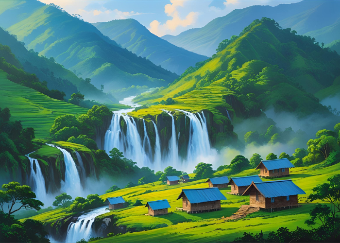 Breathtaking natural landscape of Meghalaya with green valleys and cloudy skies