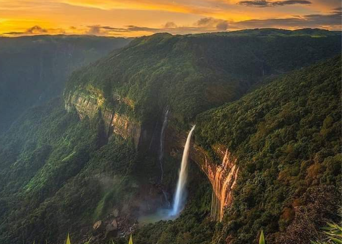 Majestic view of Nohkalikai Falls plunging from steep cliffs in Cherrapunji, Meghalaya