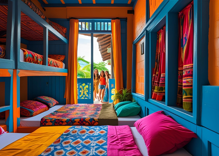 "Cozy backpacker hostel dorm room with vibrant bedding and friendly travelers relaxing"