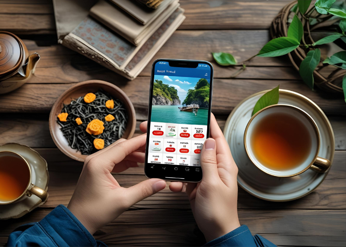 "Hands holding smartphone showing budget travel apps and discount codes beside a cup of tea"