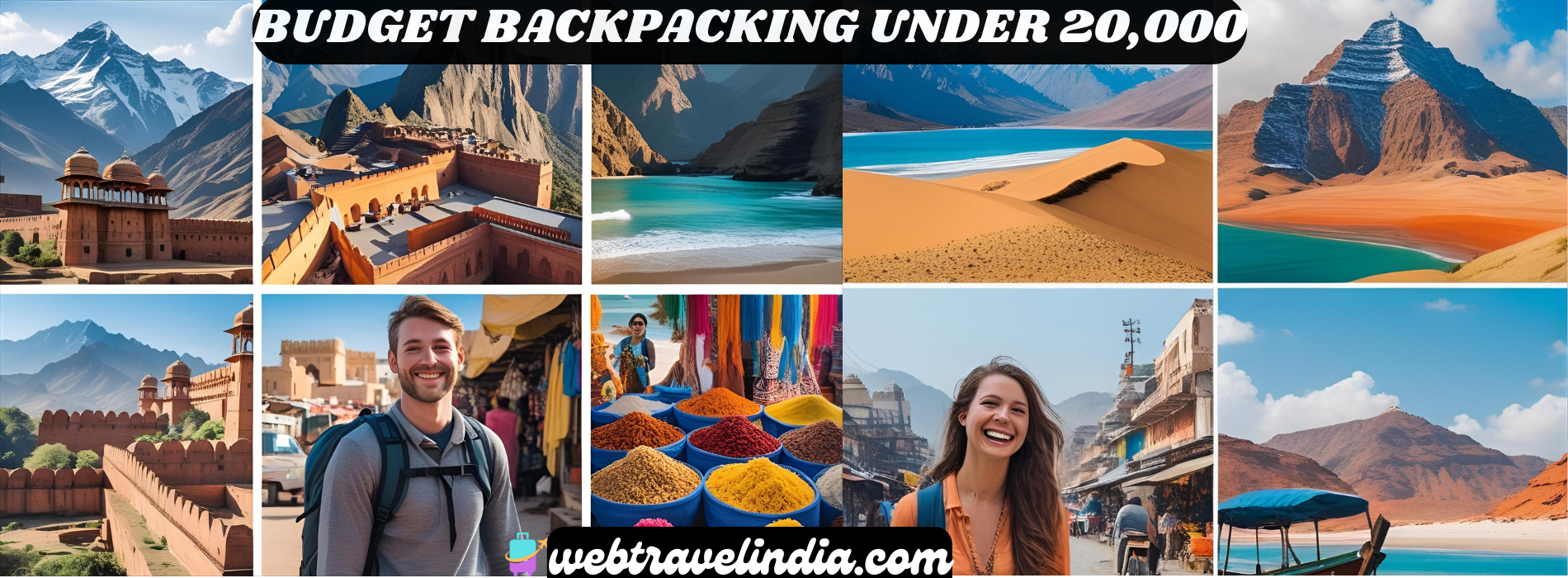 "Adventurous traveler enjoying budget backpacking in India with scenic landscapes and vibrant culture"