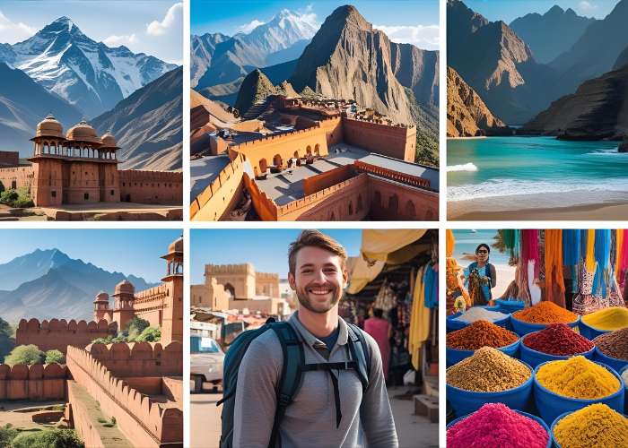 "Collage of Indian mountains, deserts, beaches, and colorful markets with a joyful solo traveler"