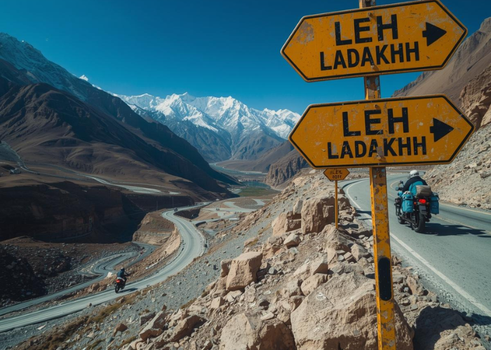Leh highway scenic mountain road leading to Ladakh with winding curves and high altitude landscape