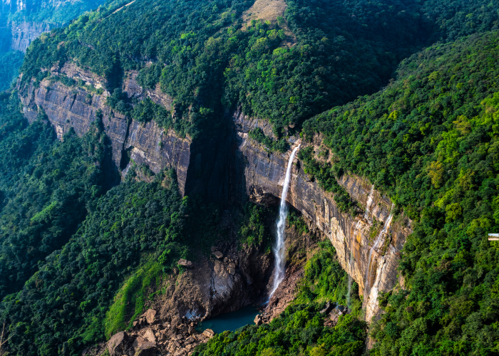 “Nohkalikai Falls surrounded by monsoon mist, Meghalaya – best state to visit in July”