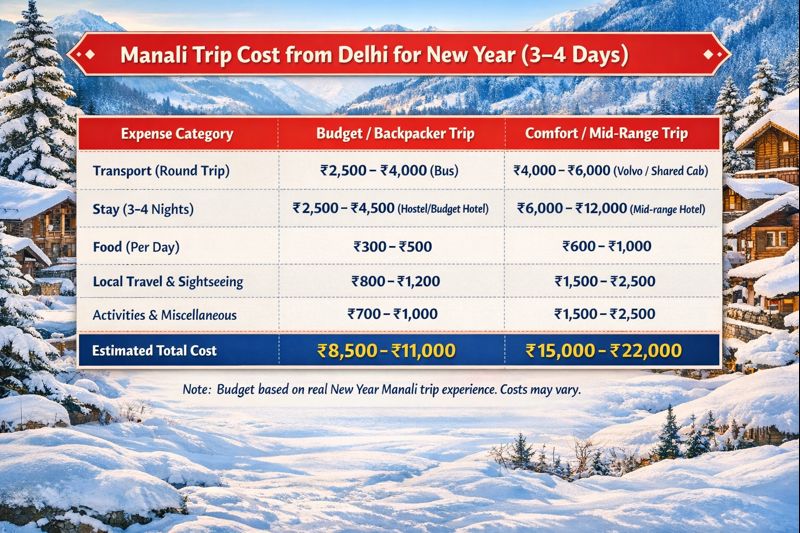 Complete Manali trip cost from Delhi for New Year budget breakdown