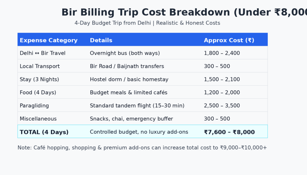 Bir Billing trip cost breakdown from Delhi under 8000